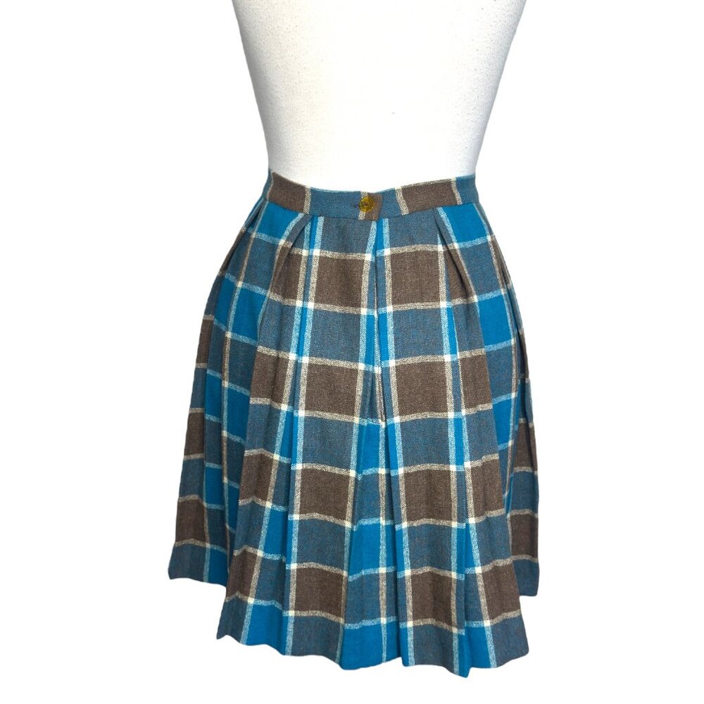 1970's Handmade Plaid Skirt Midi A-Line Pleated Barbiecore Blue and Brown Wool - Picture 6 of 10